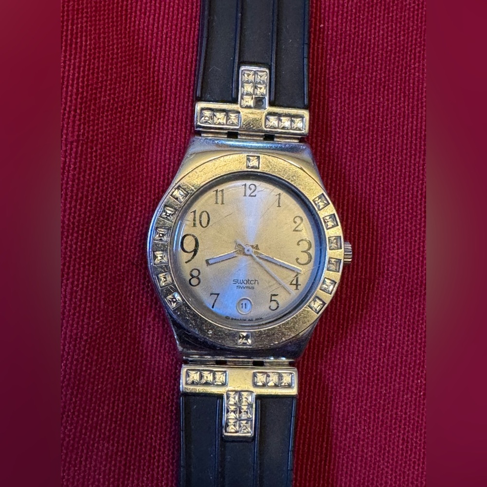 Swatch Silver Watch with Black Strap